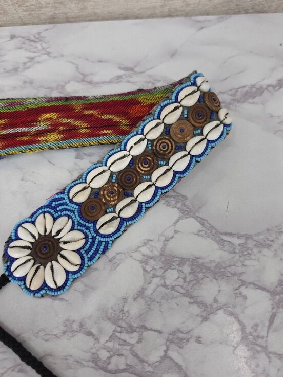 Boho Daisy Cowrie Sea Shell Beaded Embellished Woven Belt BlueWhite main image 9